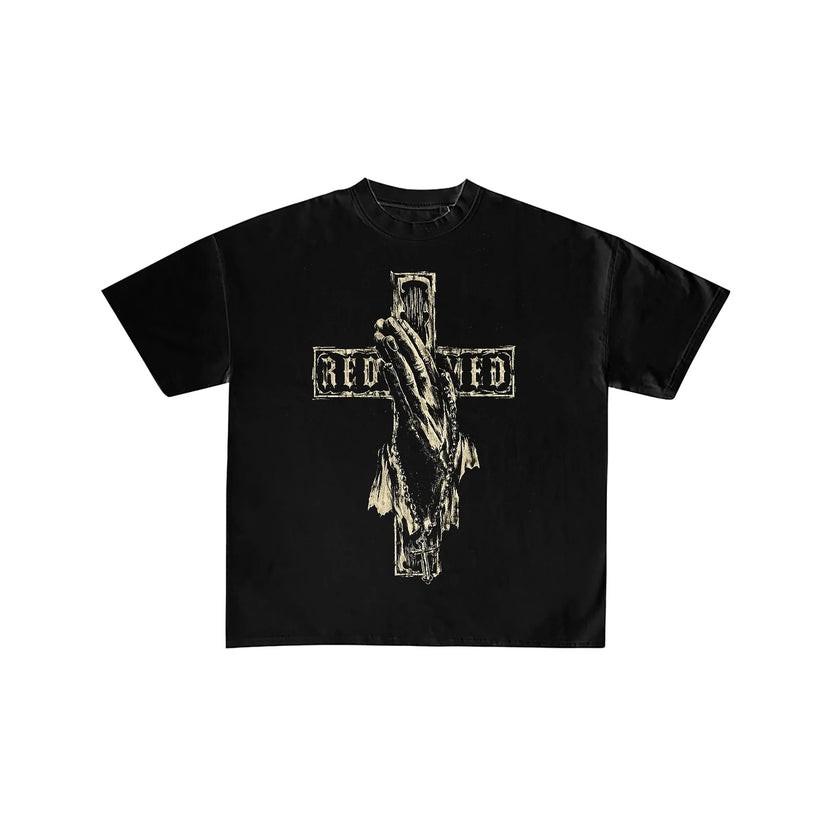 Redeemed Praying Hands Cross Graphic Black T-Shirt XL
