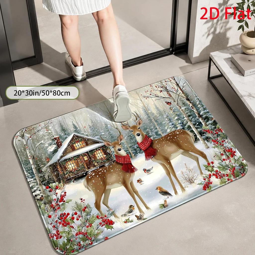 Festive Winter Woodland Deer Rug Carpet Mat Polyester Throw Rug for Christmas Holiday Home Decor Rustic Cabin Living Room Entryw