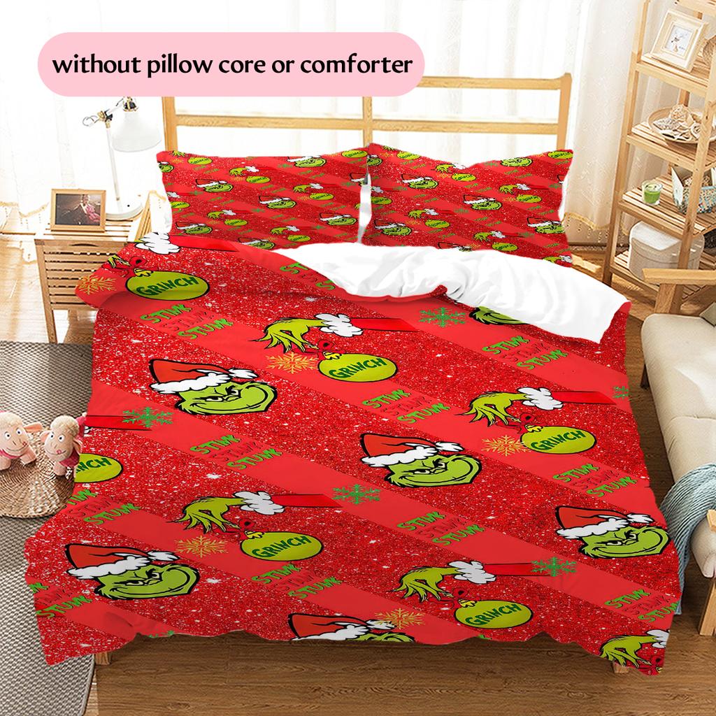 1 Stück Grinch-Muster Bettwäsche Steppdecke Set Bettbezug Kissenbezug Heimdekoration Geburtstagsgeschenk (1 Bettbezug + 2 Kissenbezüge, ohne Füllung)