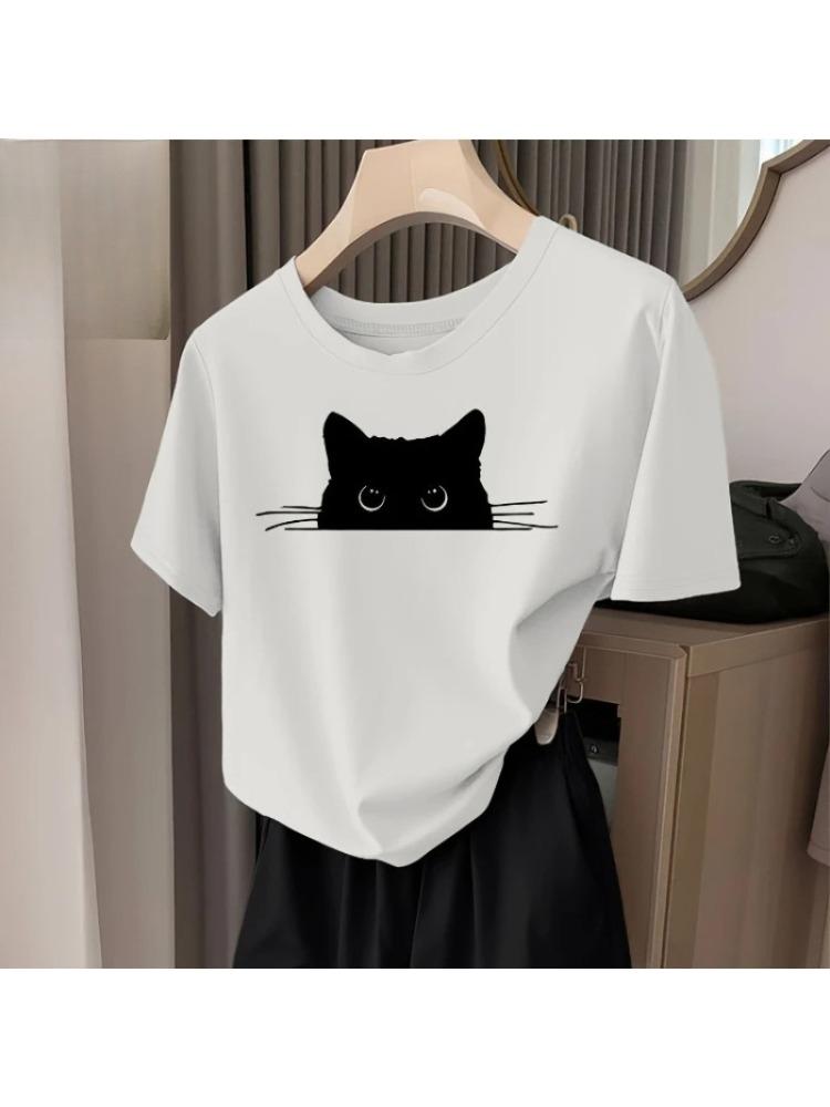 Black Cat Peeping Printed Unisexcasual Round Neck Short Sleeved Cat Printed Tshirt Fashionable And Comfortable Shirt