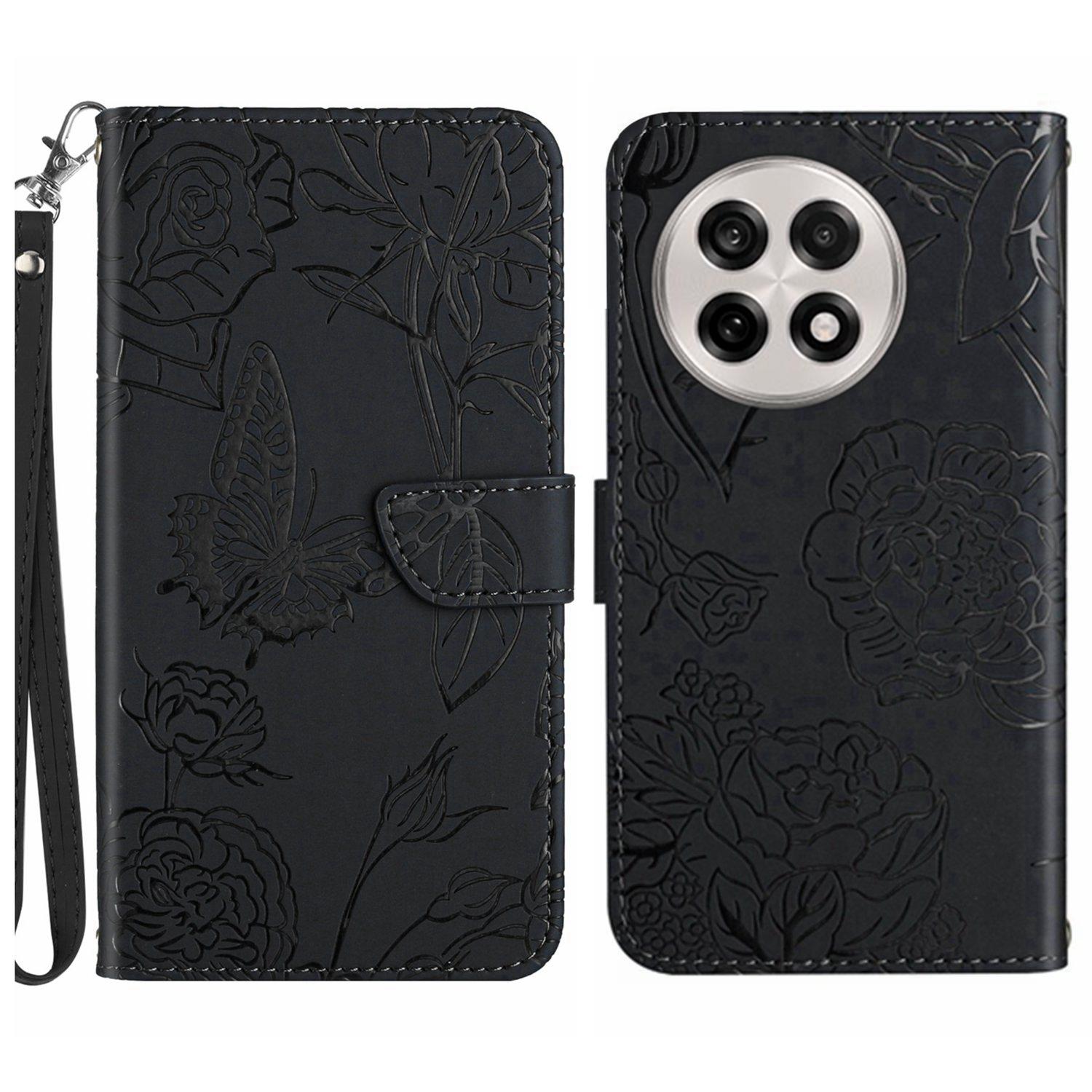 

For OnePlus 13 Case Butterfly Flower Imprinted Leather Phone Cover with Strap Black