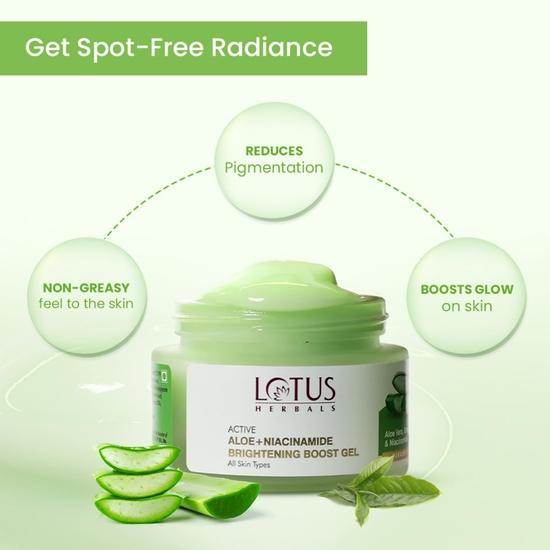 Lotus Herbals Active Aloe + Niacinamide Brightening Boost Gel | Moisturize Skin | Clear Dark Spots | Paraben-free | All Skin Type | 50gm