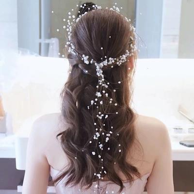 Luxury Beaded Pearl Headdress Imitation Pearl Korean Style Fairy Hair Band Long Handmade Bridal Headdress Girls