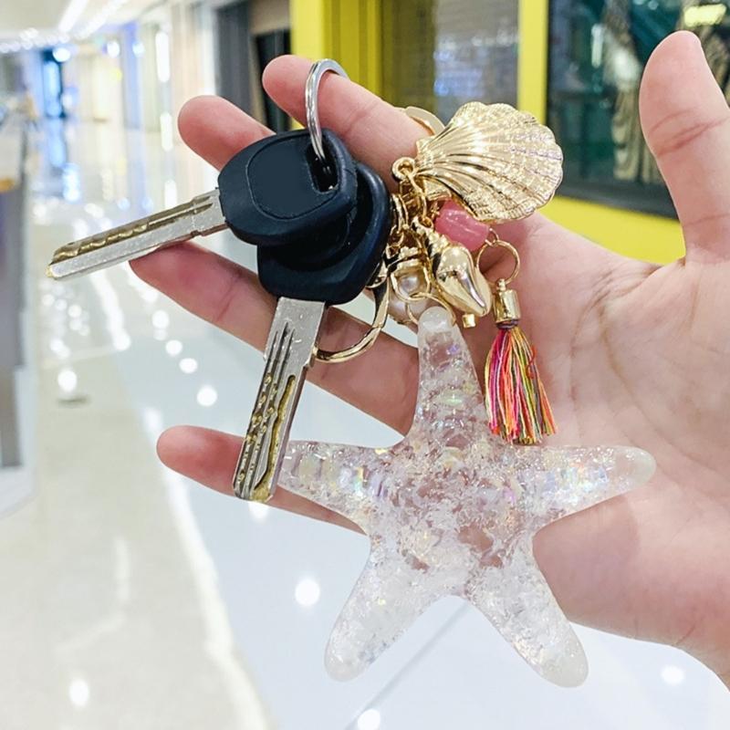 Practical Elegant White Starfishes Keychain With Pearls Accent For Car Key And Bags Metal And Acrylic Construction