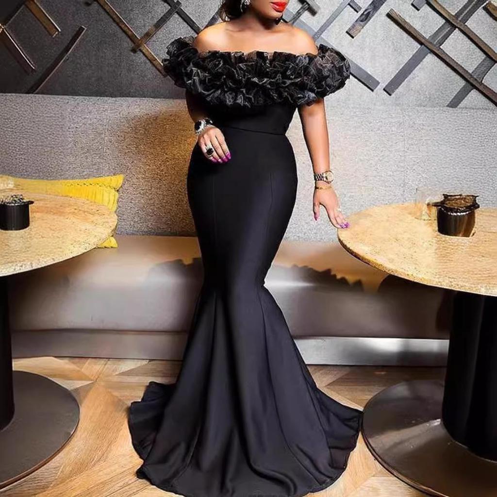 2025 Autumn European & American Ruffle Off-Shoulder Slimming Dress with Small Train