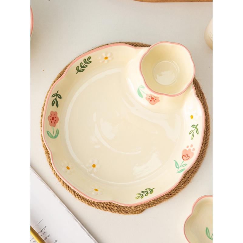 Creative Ceramic Plate Cute Floral Shape Double-Grid Food Container Sauce Condiment Dumpling Breakfast Snacks Plates