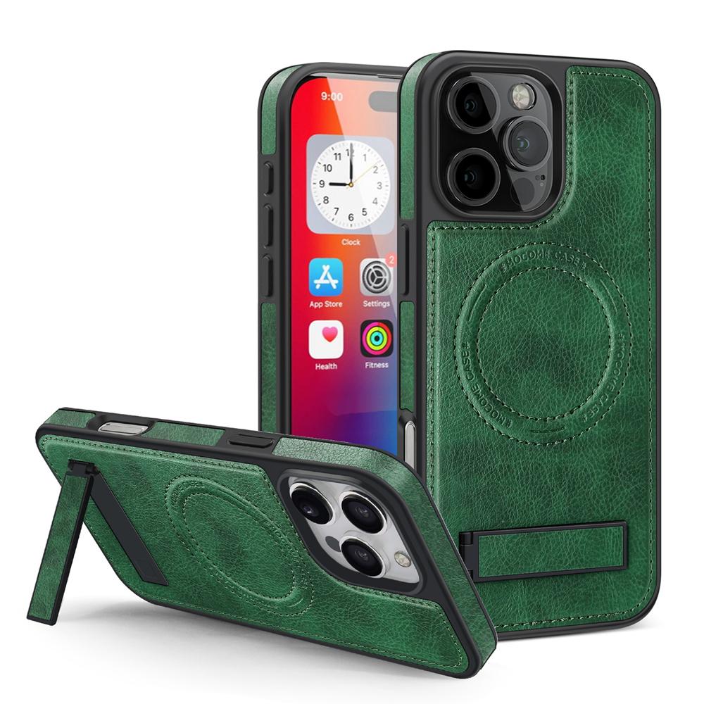 

KEYSION Роскошный чехол из искусственной кожи с магнитом MagSafe для iPhone 16 Pro Max, противоударный чехол с подставкой для iPhone 15 Pro Max for iPhone 16 Pro Max зелёный