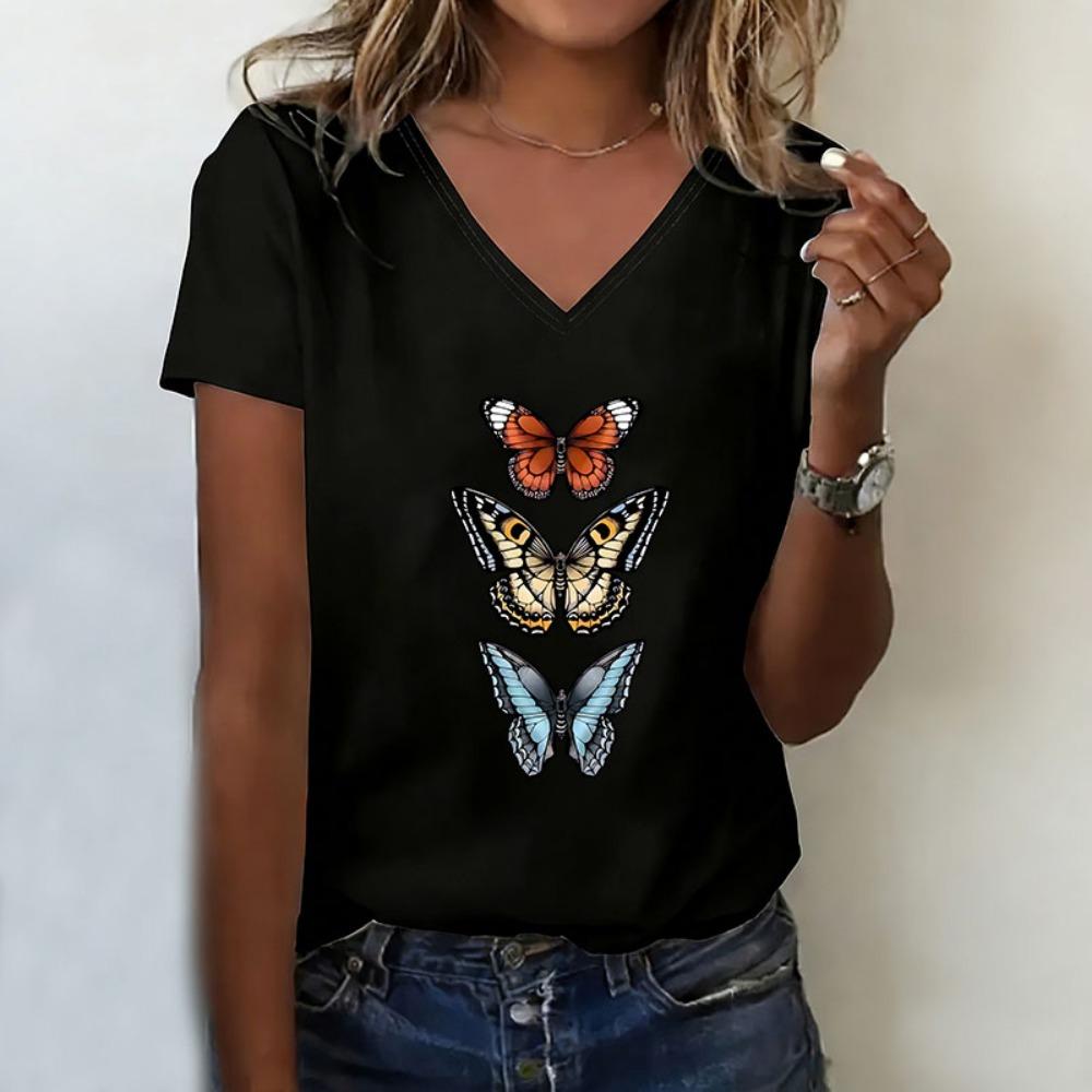 Summer Spring Colorful Butterfly T-shirt V Neck Casual Fashion Y2k Printed T Shirts Women Short Sleeve Tee Shirt V-Neck Top S
