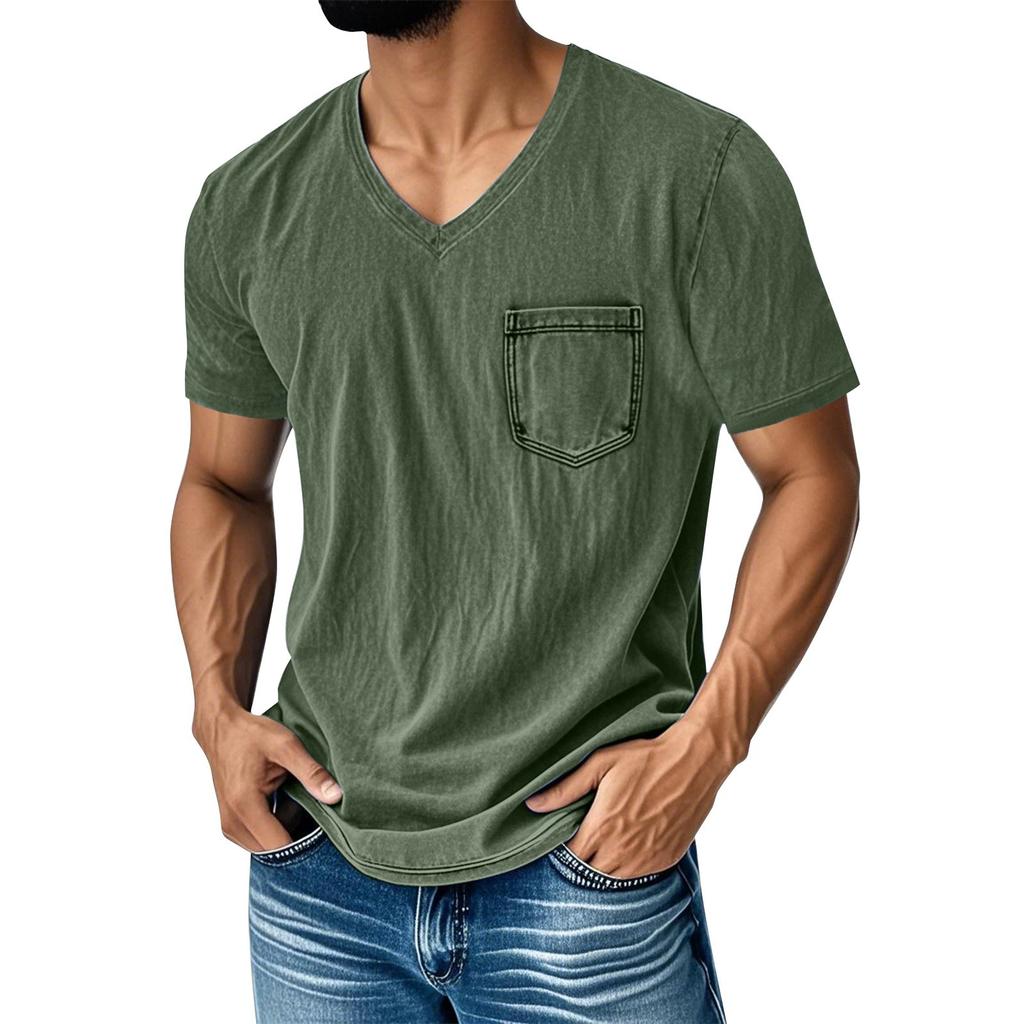 Men's Summer Solid Color V-Neck Loose Pocket Short Sleeve Top