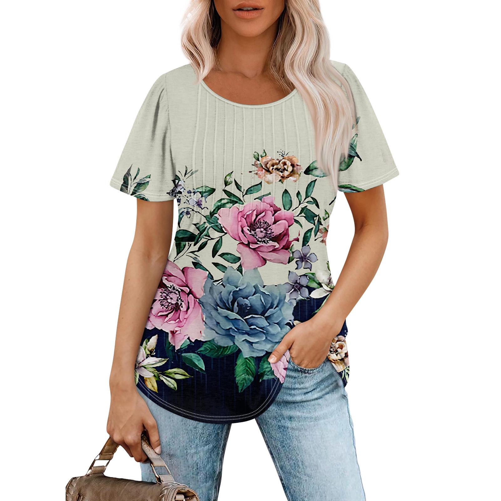 

Женская модная повседневная плиссированная футболка с короткими рукавами и круглым вырезом с принтом XL розовый