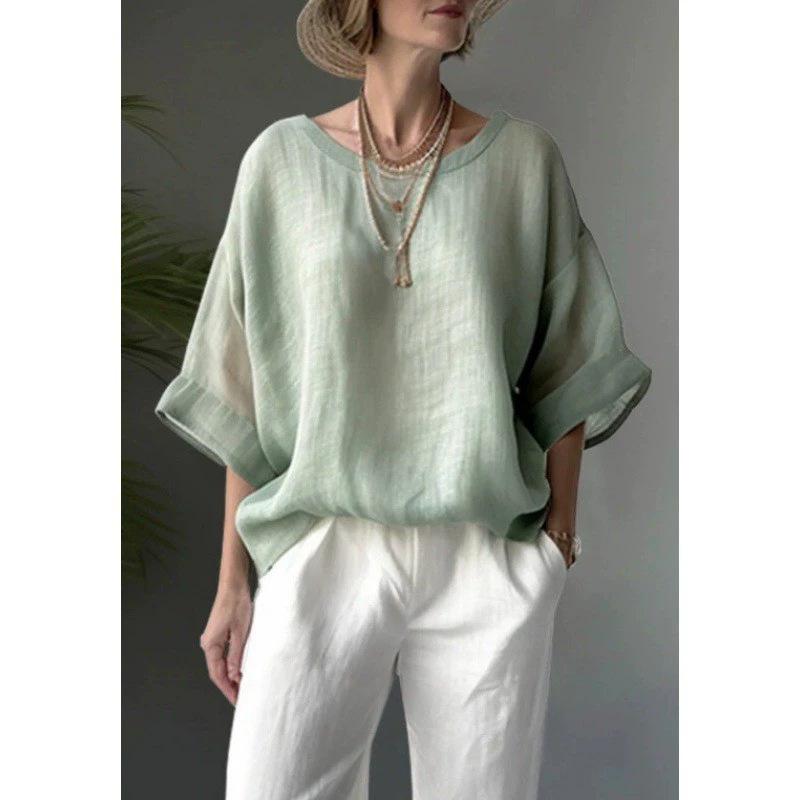Solid Color Comfortable Casual Round Neck Loose Five Minute Sleeves Women's Plus Size Shirts