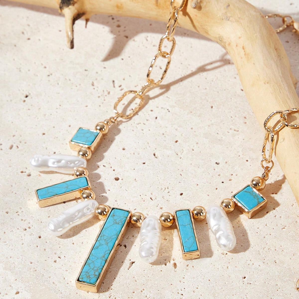 Turquoise Pearl Tassel Bohemian Necklace for Women