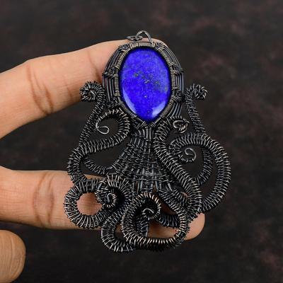 Pendentif Lapis Lazuli Pendentif Enveloppé de Fil de Cuivre Pendentif Pieuvre Fait Main Bijoux en Cuivre Cadeau pour Elle Pendentif Pierre Précieuse Bijoux Enveloppés de Fil