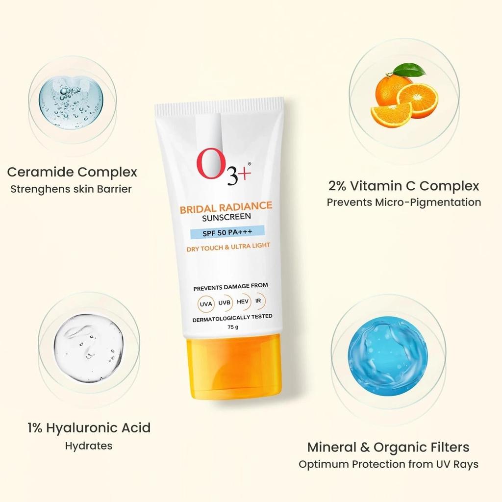 O3+ Bridal Radiance Sunscreen SPF 50 PA +++ Dry Touch & Ultra Light 75g