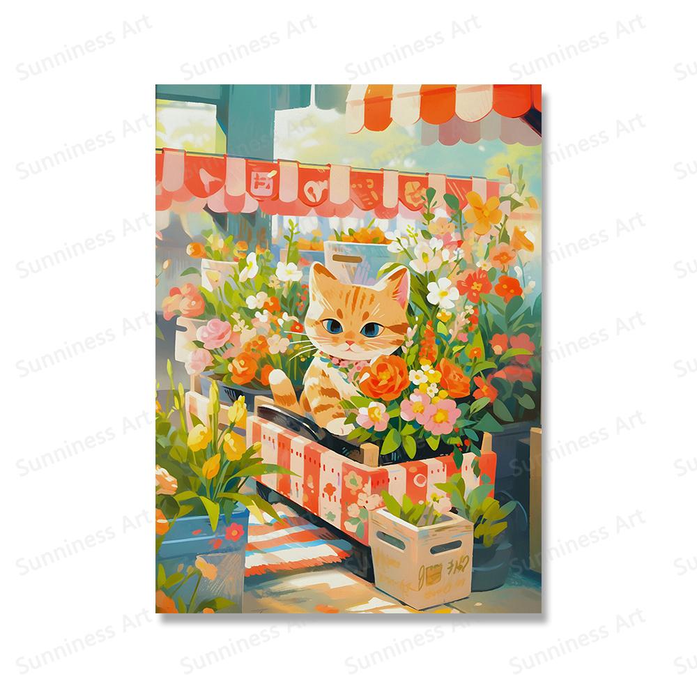 Tabby Cat Flower Market Posters and Prints Canvas Painting Cherry Blossoms Wall Art Pictures for Living Room Home Decor Cuadros