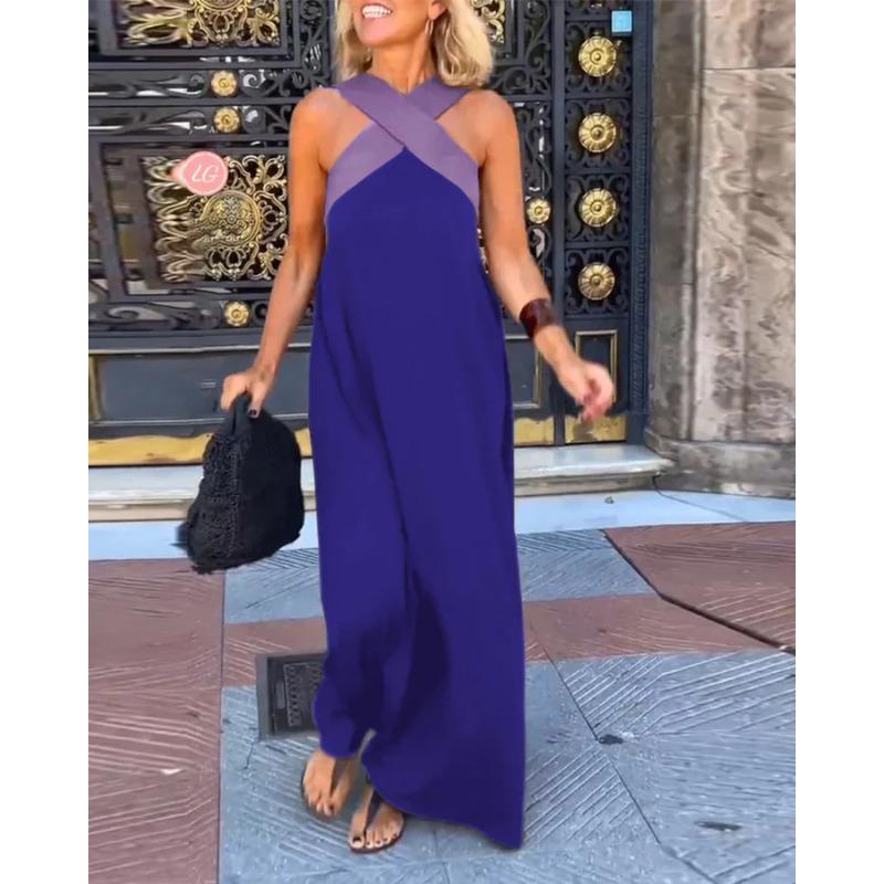 Summer Sleeveless Loose Casual Long Dress New Big Size Women A-line Cross Party Patchwork Dress Sweet Streetwear Sexy Clothing