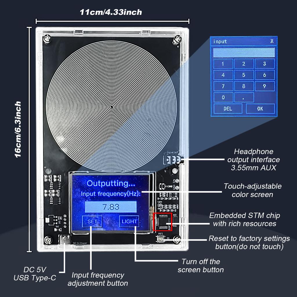 Touch Screen DC 5V Schumann Wave Generator 0.01-99999Hz Adjustable Frequency Sine Wave Signal Generator Type C Audio Resonator