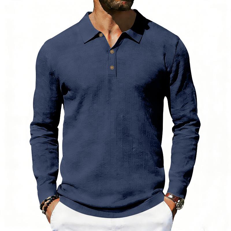 Spring Loose-Fit Solid-Colour Collared Casual Business Men's Long-Sleeved Linen Polo Shirt