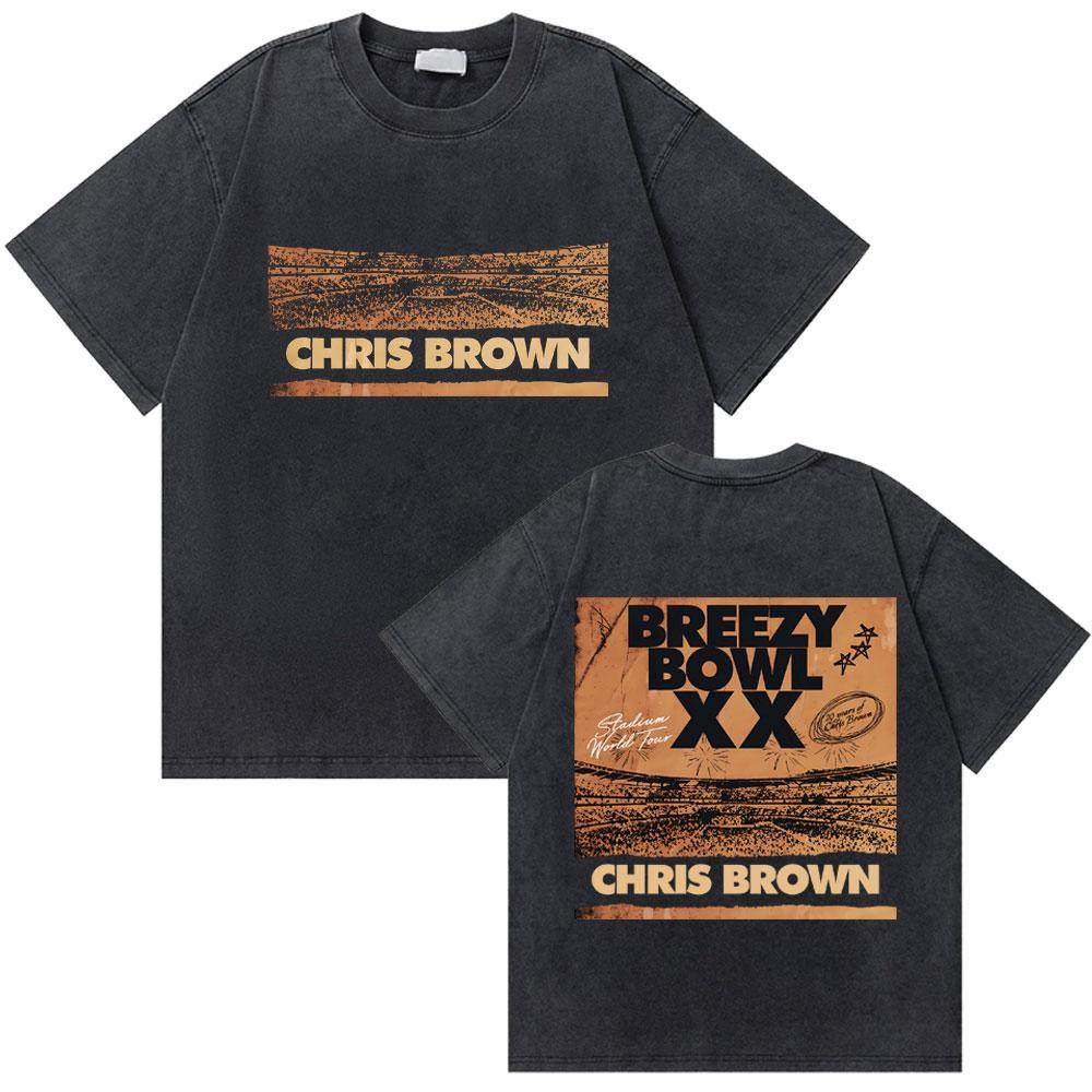 Washed Rapper Chris Brown Breezy Bowl XX World Tour Tshirts Men Women Hip Hop Retro Tshirt Mens Fashion Trend Streetwear