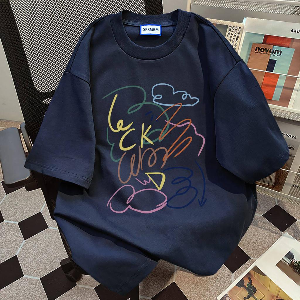American high street design line printing short-sleeved t-shirt women's summer new loose large size fat mm pure cotton top