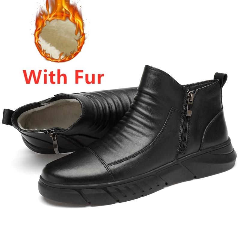 Winter Men'S Snow Boots Ankle Shoes Man Genuine Leather Plush Men Motorcycle Boots Chelsea Warm Winter Outdoor Shoes Size 36-46