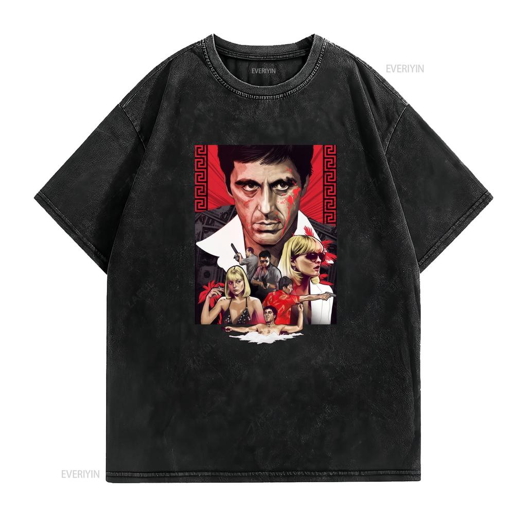 Vintage Classic Scarface Gangster Movie Print Casual T Shirt Vintage Washed Homme Stretched Versatile Unisex Fashion Slightly