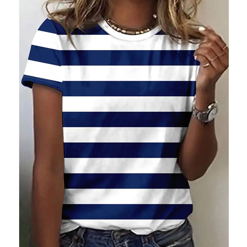 

Женская летняя футболка с полосатым принтом в стиле ретро, футболки с коротким рукавом, повседневные топы с принтом XL синий