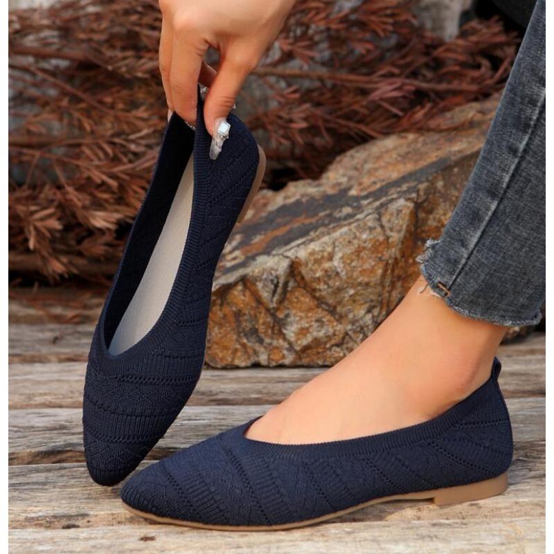 Fashion Women's Pointed Toe Flat Shoes Solid Color Knitted Slip on Shoes Casual Breathable Ballet Flats Women