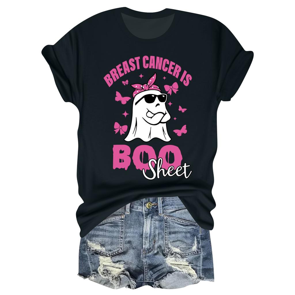 Women's Casual Halloween Breast Print T-Shirt Round Neck Pullover Short Sleeve Top