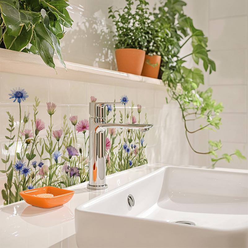 Bathroom Sink Area Backsplash Sticker Floral Waterproof Self Adhesive Removable Modern Home Decor Accessories