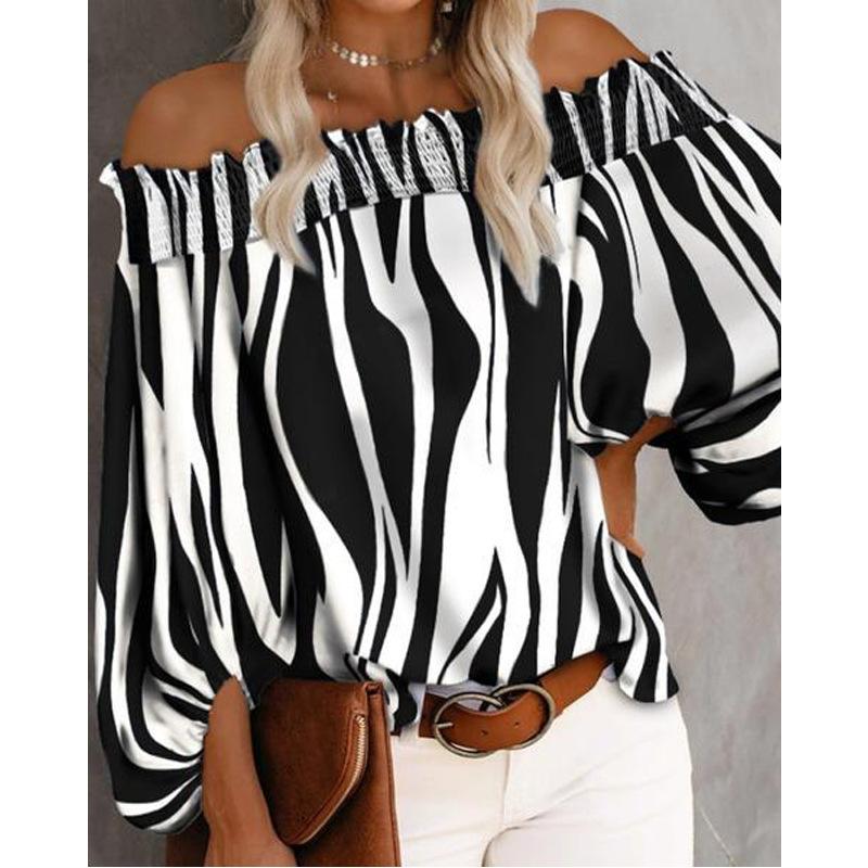 Summer and Autumn New Striped Sexy Fashion One-shoulder Chiffon Shirt Shirt Women