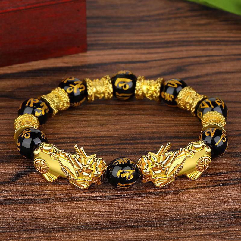 Gold-Plated Alloy Pixiu Couple Bracelets for Men & Women - Exquisite Buddhist Bead Jewelry Gifts