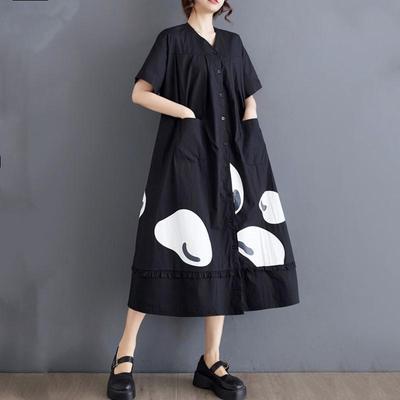 Short Sleeve Plus Size Black Cotton Vintage New In Dresses for Women Casual Loose Long Summer Dress