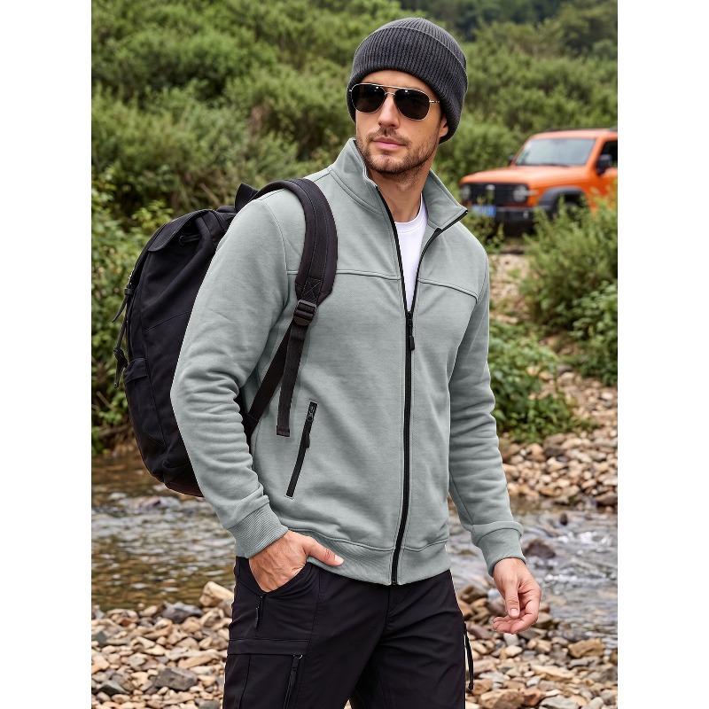 Men's Stand Collar Fleece Lined Zip Jacket Side Pockets Outdoor Casual Top.