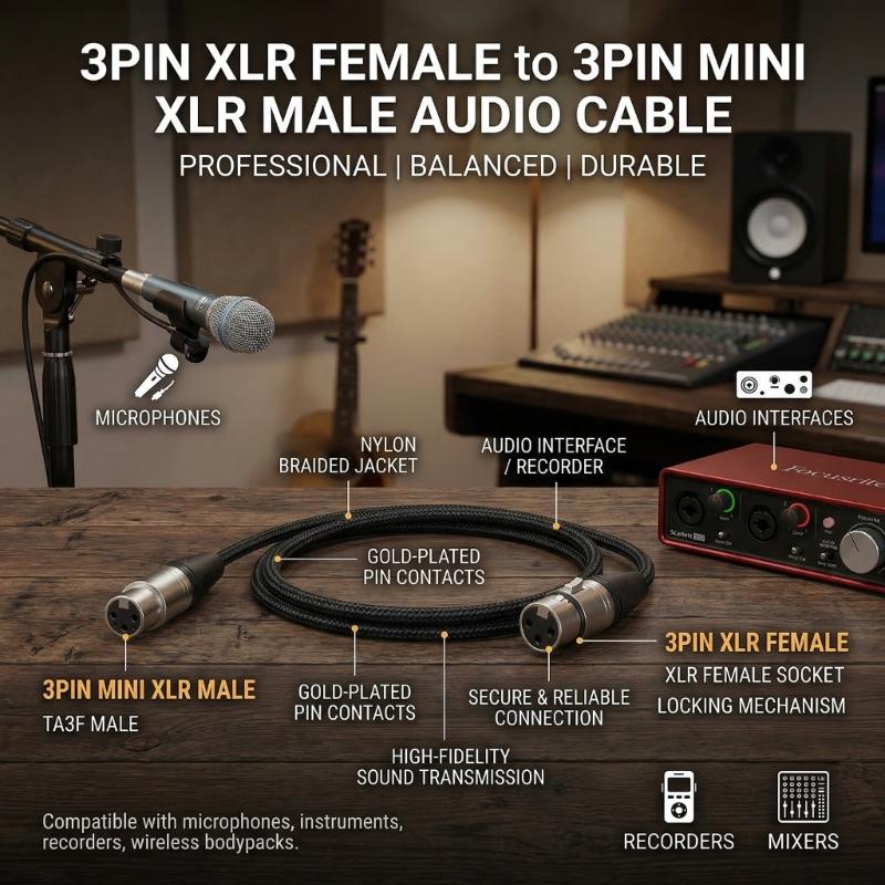 Mini XLR Male To XLR Female Auditory Cable With Durability PVC Cover Wide Compatibility For Studio Use