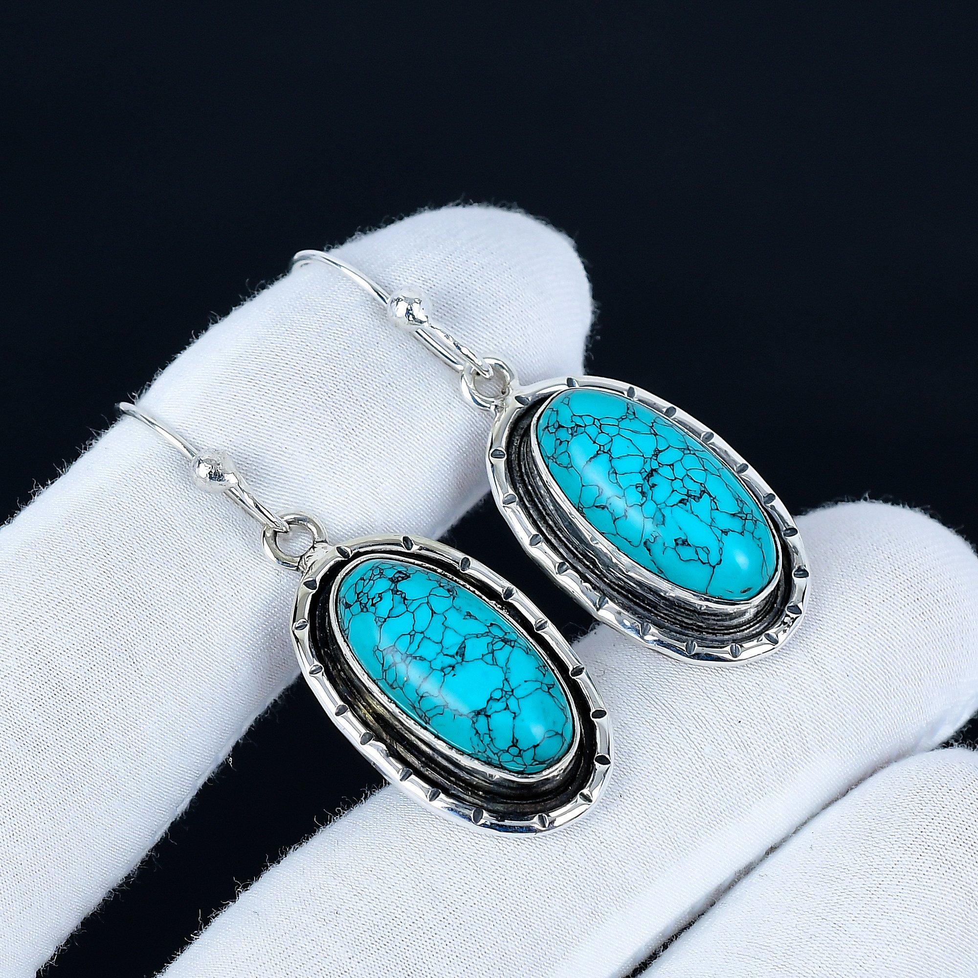 

Turquoise Gemstone Earrings, 925 Sterling Silver Earrings, Handmade Silver Earrings For Gift, Turquoise Dangle Earrings Valentine s Day Gift 5.5 Cm