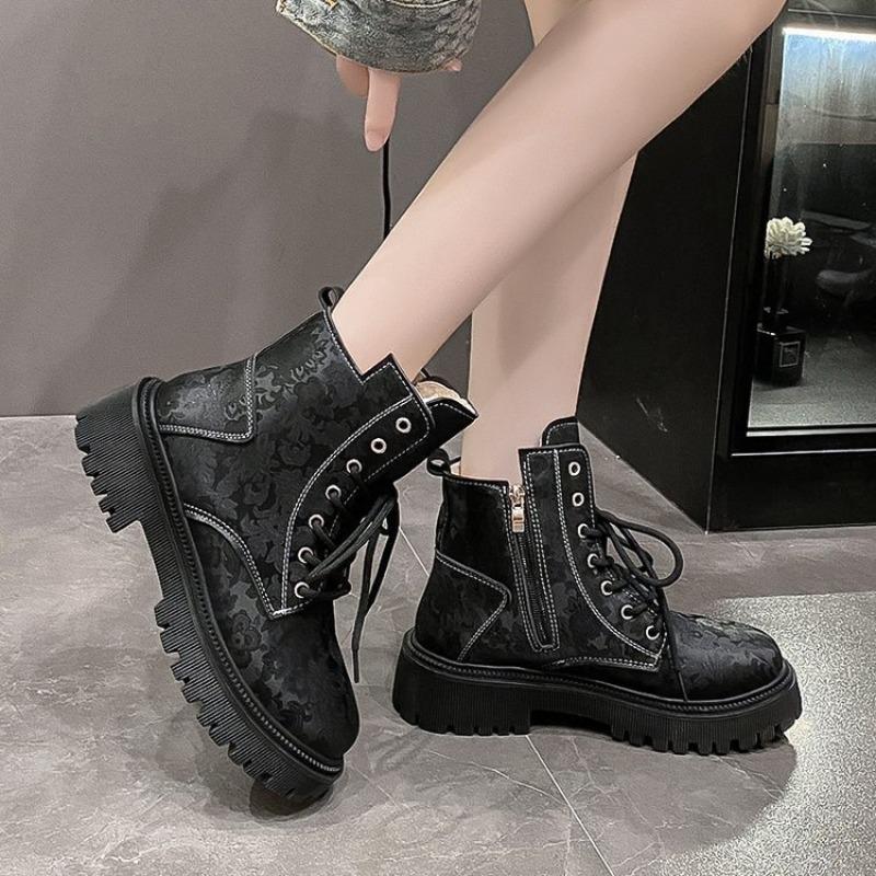 Autumn and Winter New Printed Thick-heeled Retro Short Boots Thick-soled Round Head Fleece Thickened Large-size Martin Boots