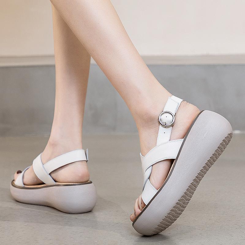 Fashion GKTINOO 2025 Women Summer Platform Sandals Buckle Strap Open Toe Thick Bottom Genuine Leather Ladies Casual Beach Wedges Shoes