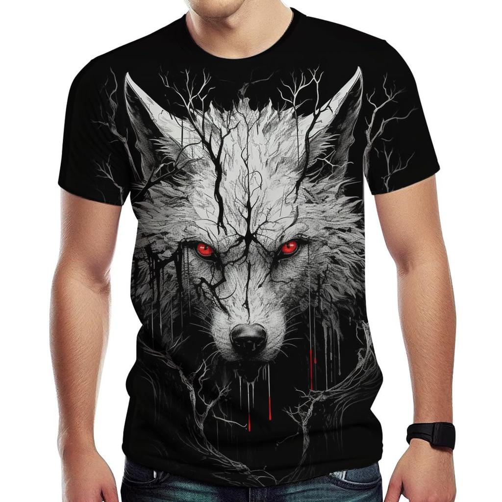 Summer Round Neck 3D Wolf Pattern Print Top Fashionable Casual Short Sleeved Men's T-shirts