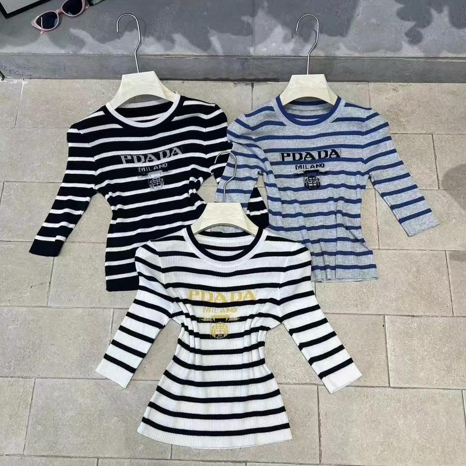 American Hot Girl Striped Letter Print Slim Crop Knit T-Shirt for Women