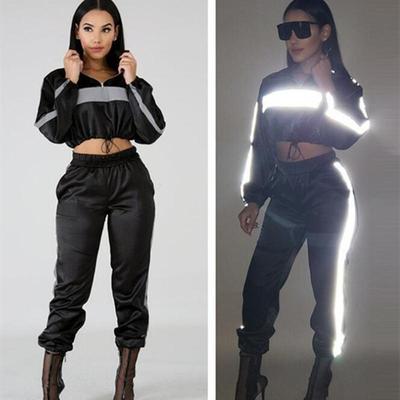 Women Reflective Sports Suit Tracksuit Set Fashion Patchwork Hooded Long Sleeve Top Pants