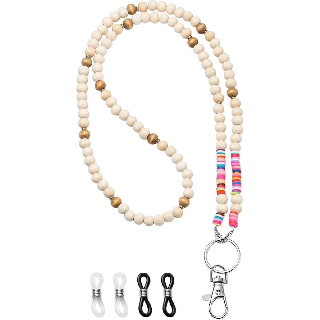 BeYumi 5Pcs Wooden Beaded Lanyards for ID Badges Women Teacher Lanyard with ID Holder School Work Female Accessories Gift