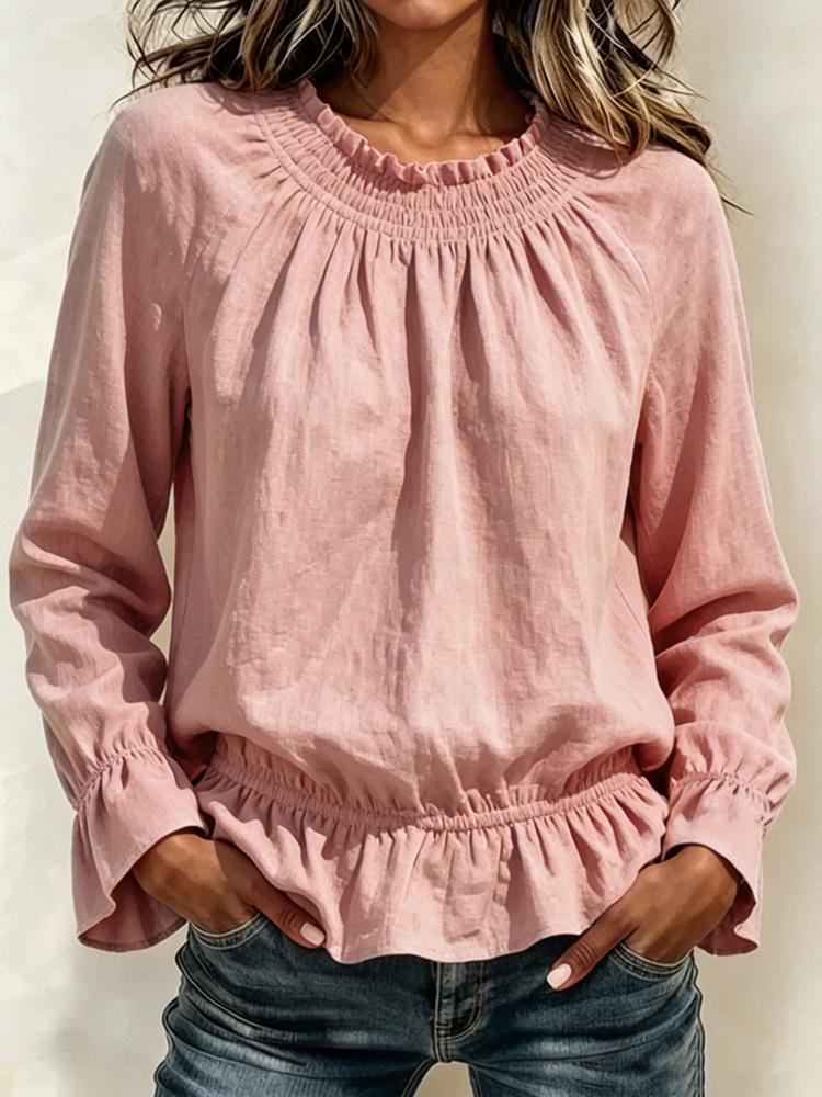 Women's Casual Color Long Sleeve Ruffle Blouse with Round Neck