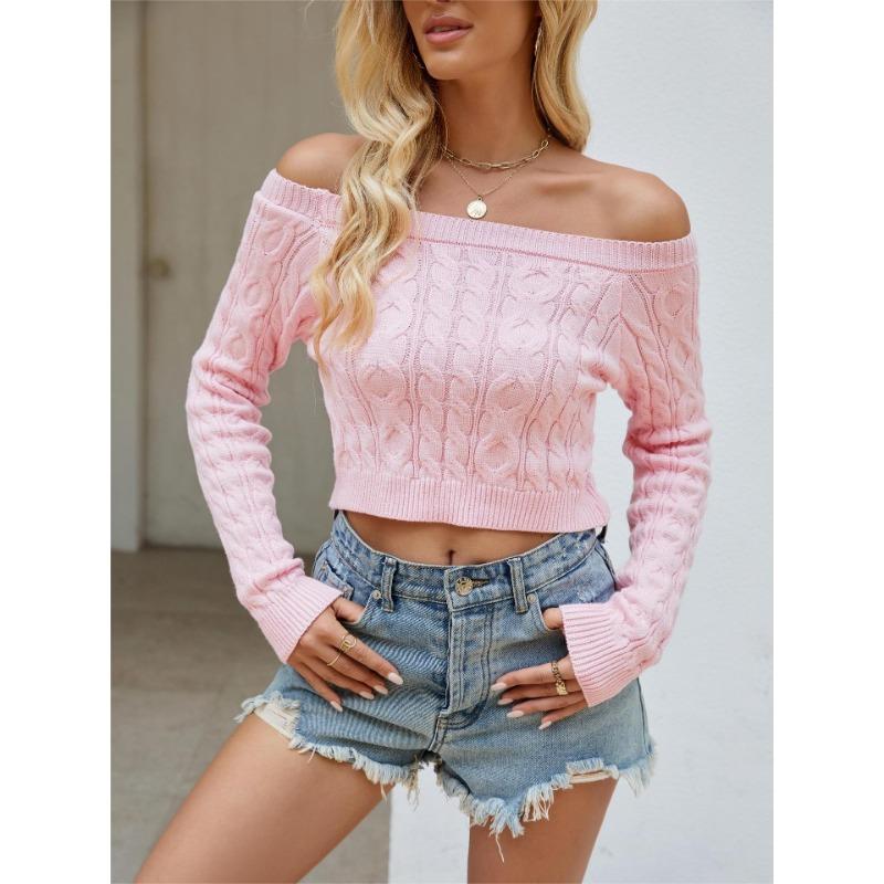Women's Autumn and Winter Knitted Navel Short One-line Collar Slim Sweet Jumper
