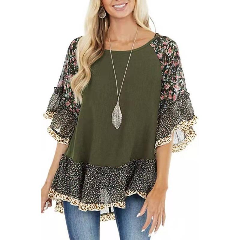 QICED Spring Summer Women's Bat-sleeve Matching Color Leopard Print Floral Print Mid-sleeve T-shirt