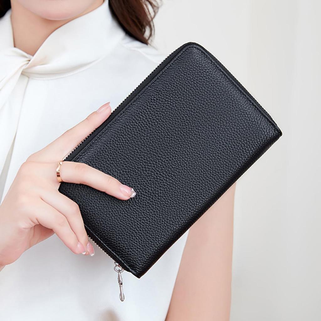 KASSAI Cowhide Leather Passbook Case with Large RFID Skimming Passport and Card Case Accordion-Style Capacity, Protection, (Black)