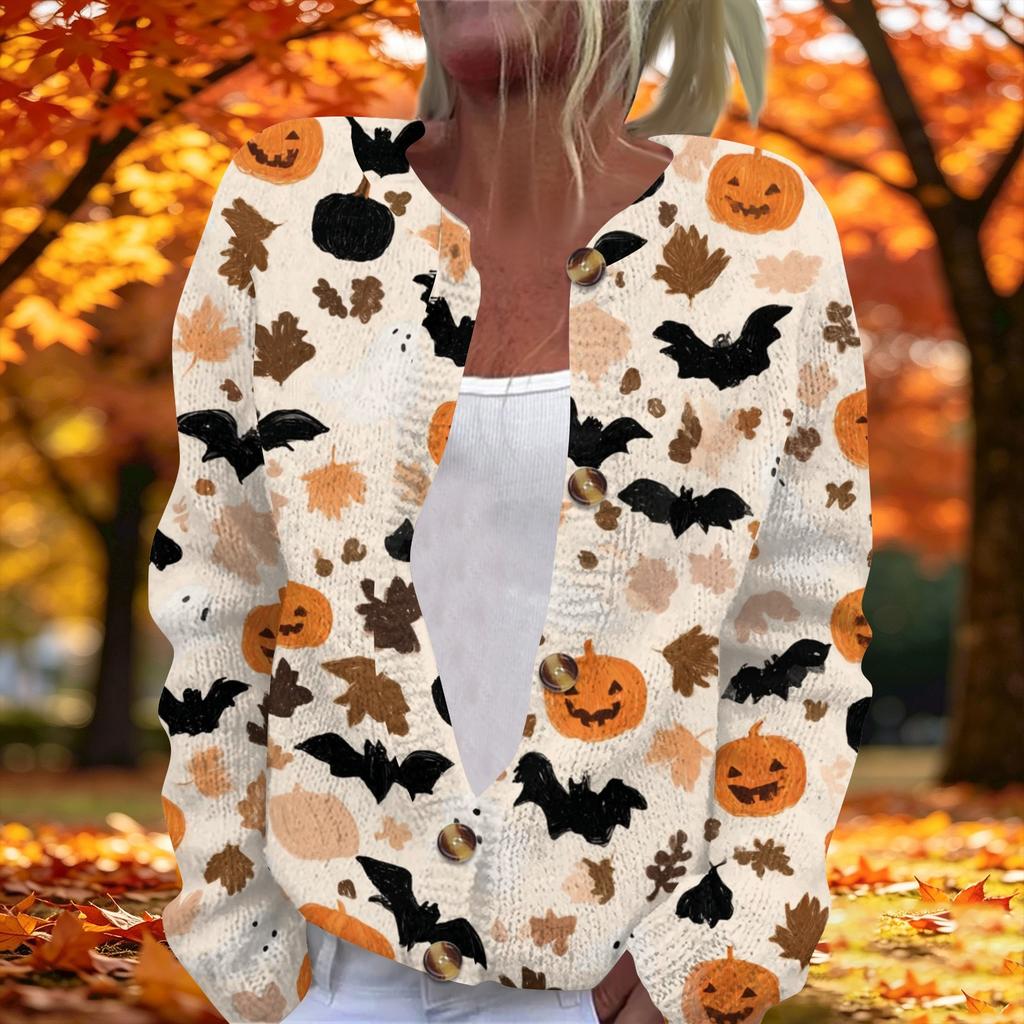 Women's Long Sleeve Knit Cardigan with Halloween Print Button Front