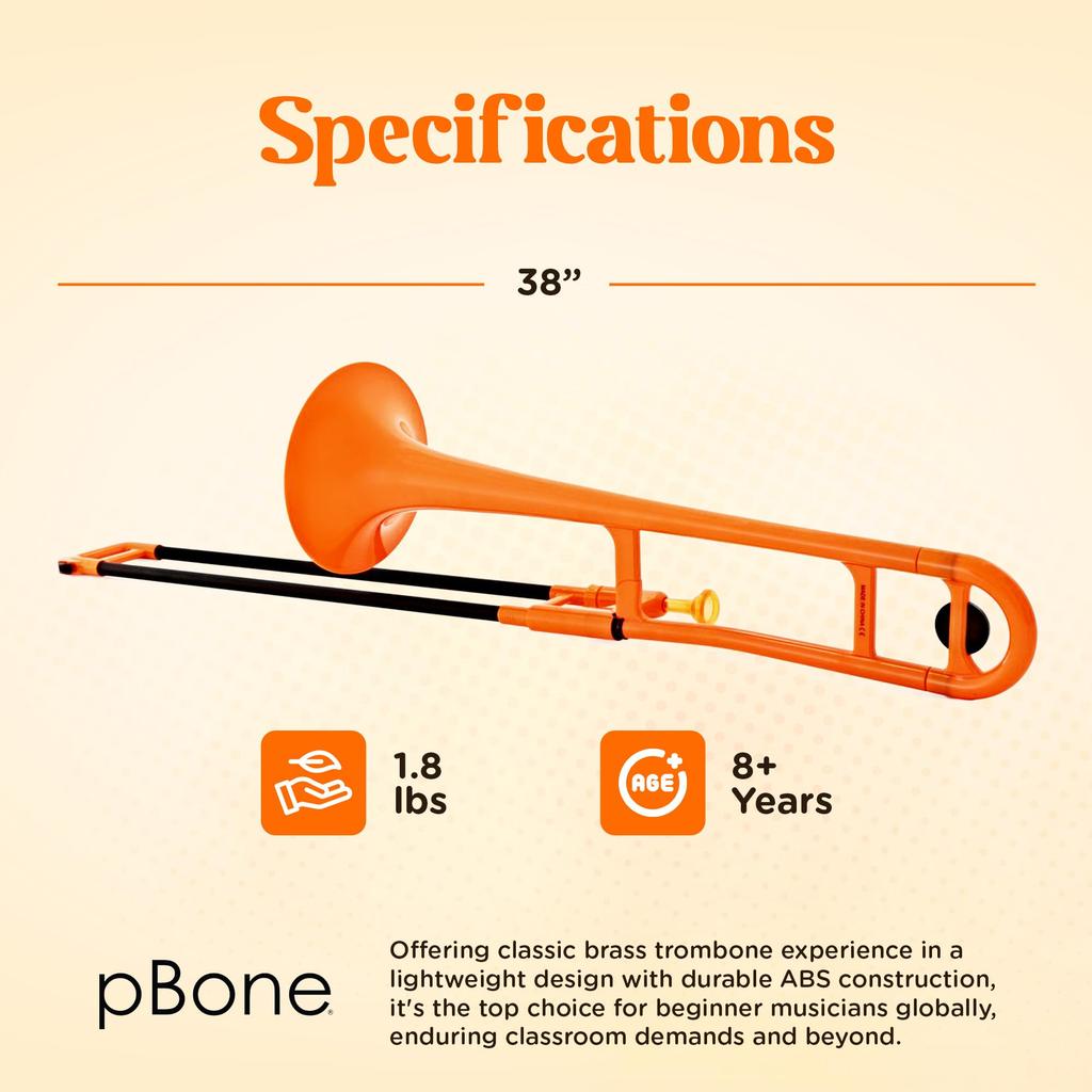 pInstruments pBONE Tenor Trombone in Bb, Lightweight and Durable ABS with Bio-Coated Antibacterial Coating, PBONE1O Orange [Includes Mouthpiece and Ca