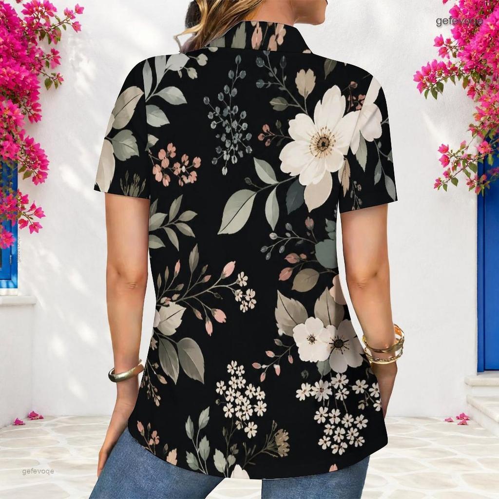 Women Plus Size Collared Neck Short Sleeve Floral Printed Button Front Shirt