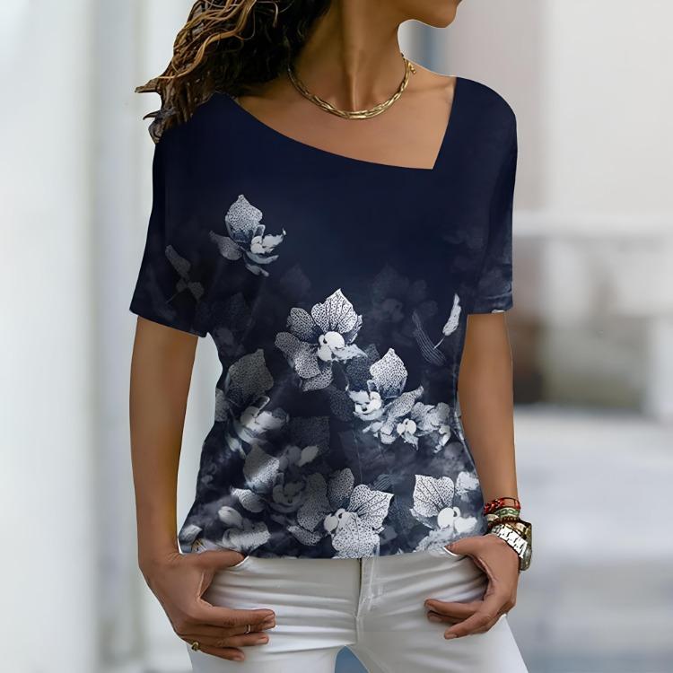 Streetwear Damskie Luźne Codzienne Koszulki V-neck z Kwiatowym Wzorem Krótki Rękaw